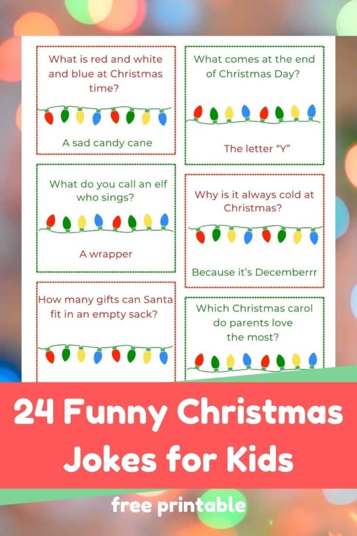 24 Christmas jokes for kids printable on christmas light background