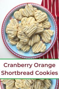 cranberry orange shortbread cookies on a round platter with title
