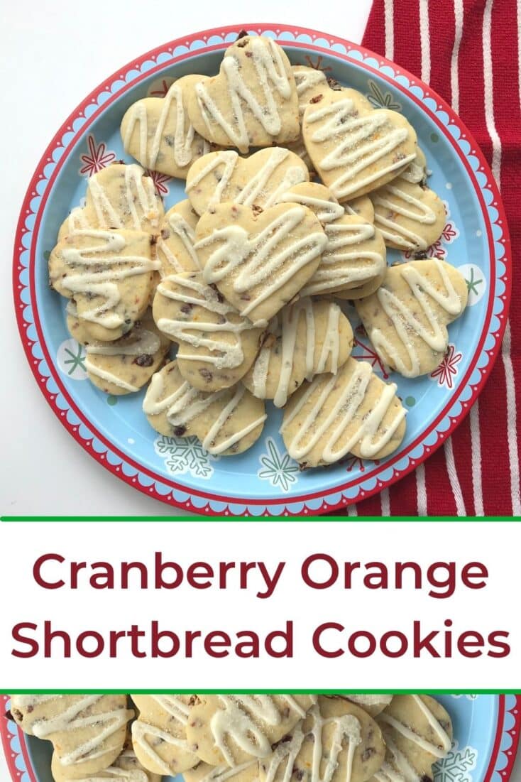 cranberry orange shortbread cookies on a round platter with title