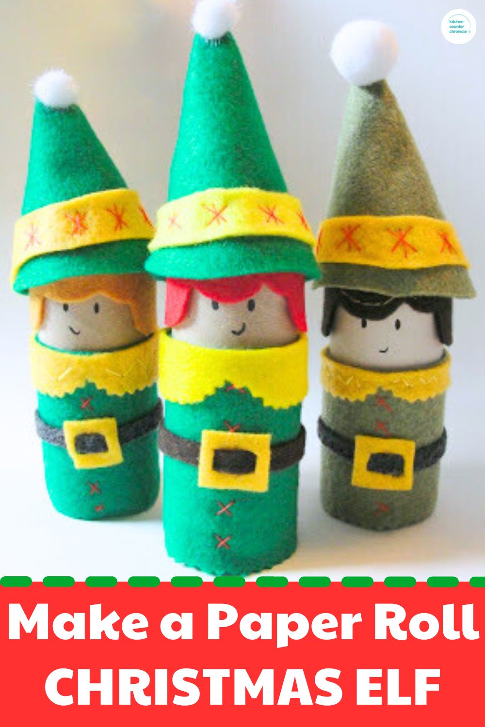 3 toilet paper roll elves with felt hats and clothes and title "Make a paper roll Christmas elf"