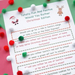would you rather christmas game printed out with pom poms