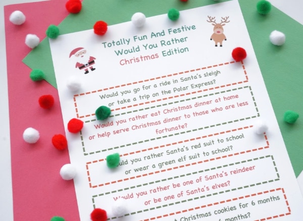 would you rather christmas game printed out with pom poms