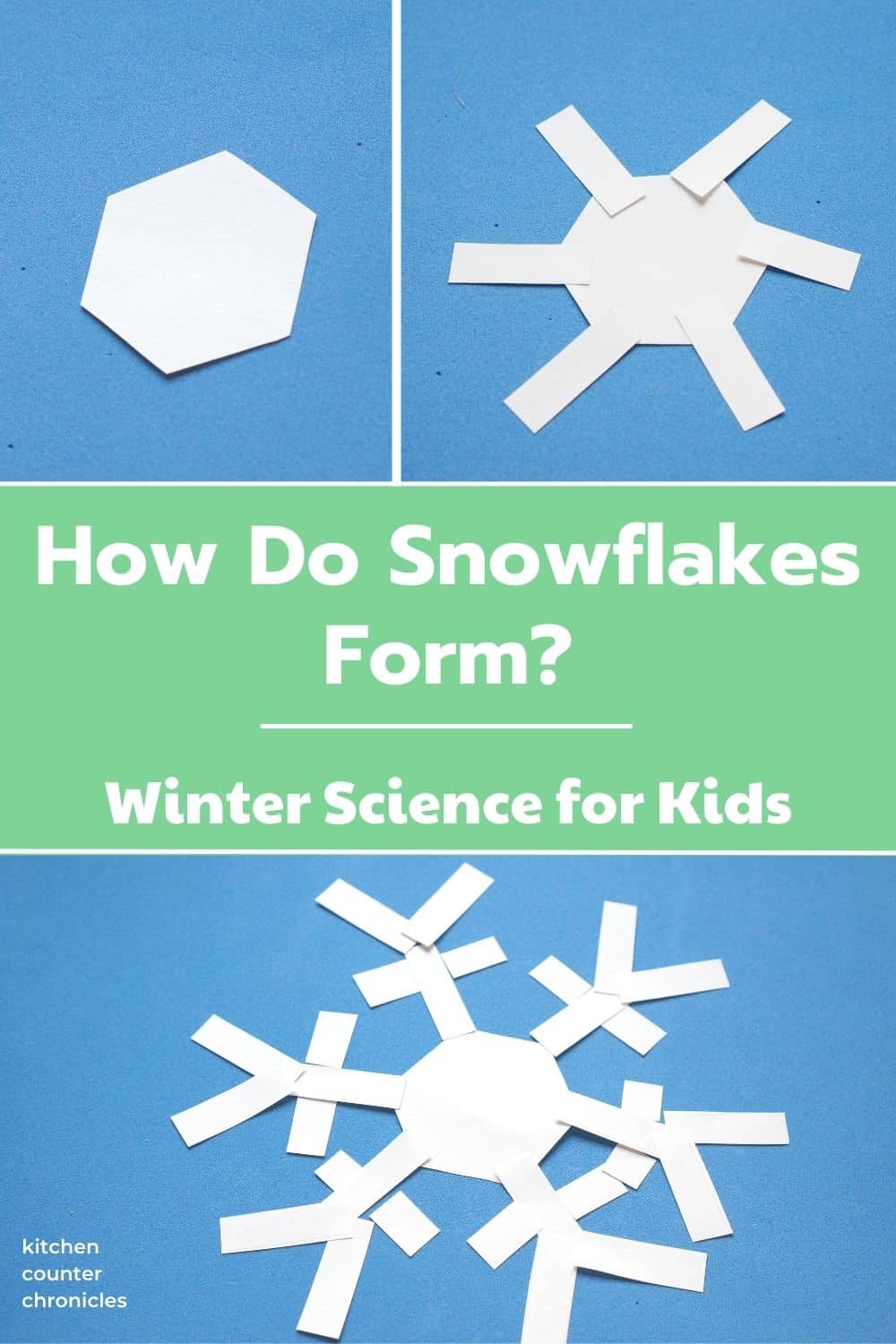 how do snowflakes form winter science for kids title and paper snowflakes on blue background
