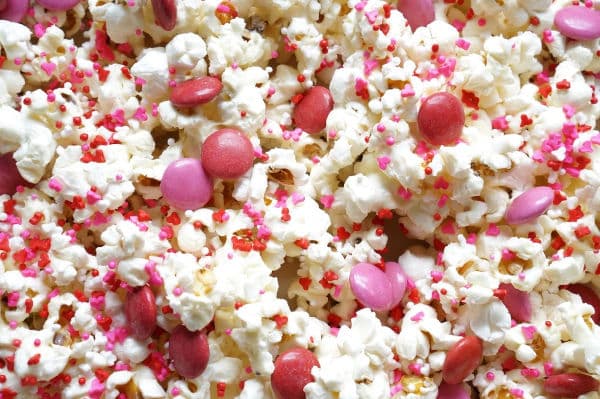 close up of valentine's day popcorn