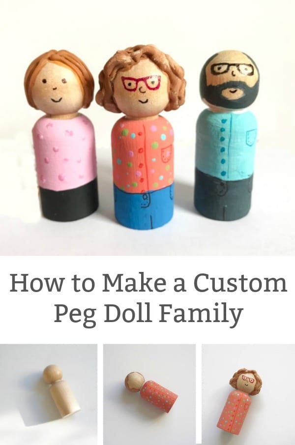 how to make a peg doll family with 2 brown haired women and a bald man, the first lady is in a white shirt and black skirt, the second in a polka dot shirt and blue jeans with red glasses, the man has a beard, glasses, and light blue shirt and dark slacks.