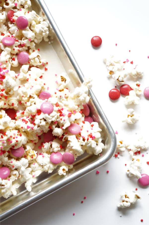 valentine's day popcorn on baking sheet