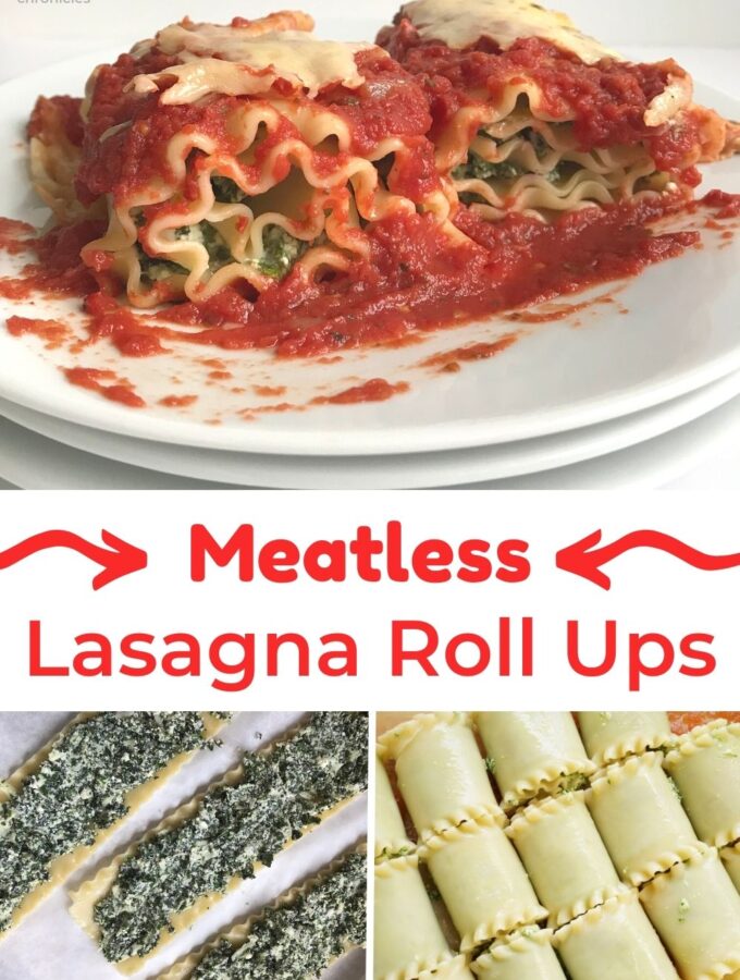 meatless lasagna rolls on plate and with filling and title