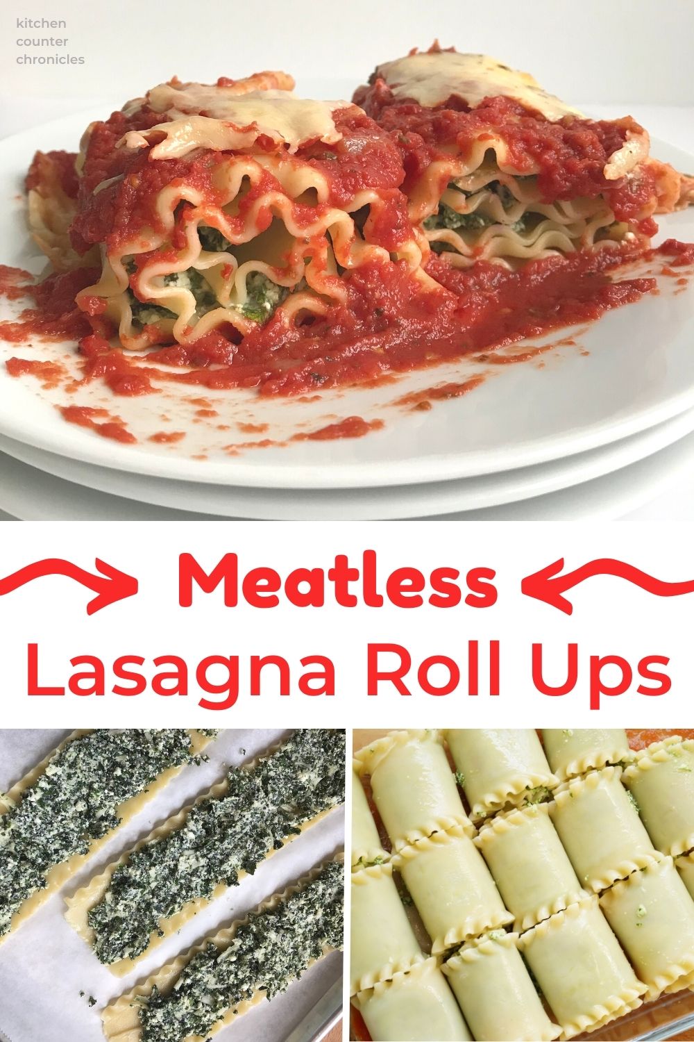meatless lasagna rolls on plate and with filling and title