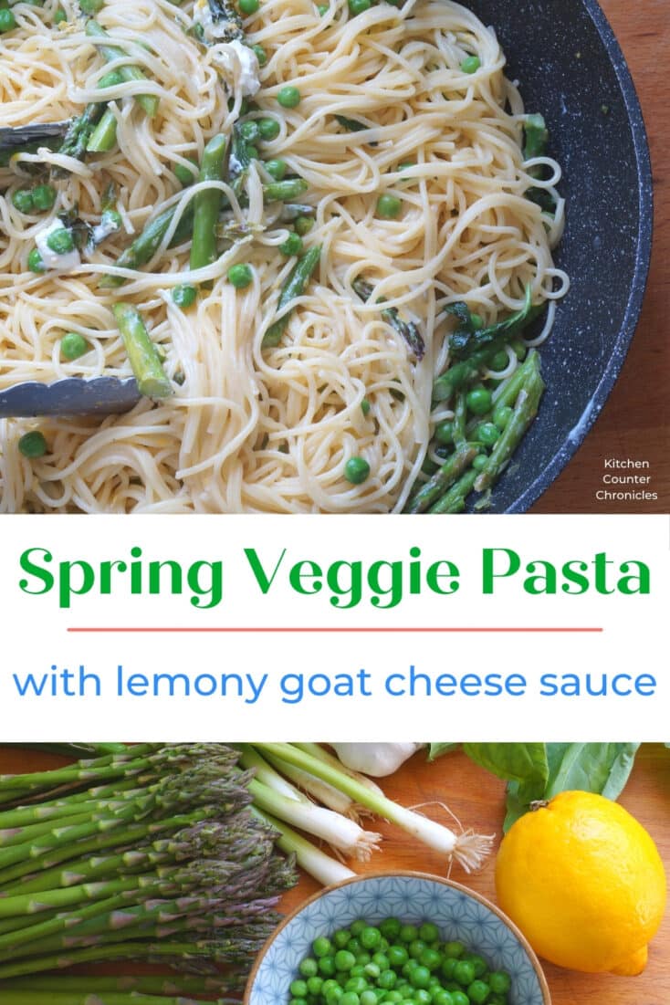 spring vegetable pasta with lemon goat cheese sauce in bowl and title