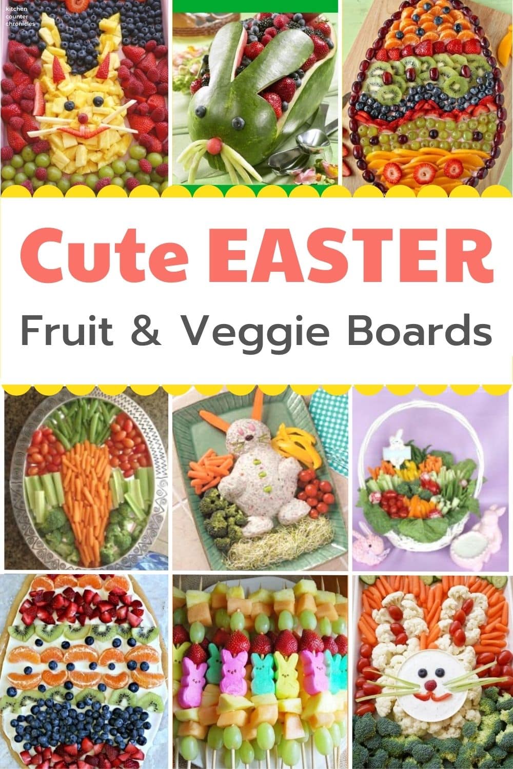 easter fruit trays and easter veggie trays pin with collage of easter trays