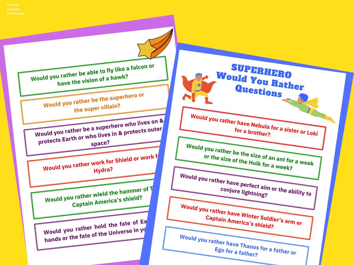 superhero would you rather questions printed and on a yellow background