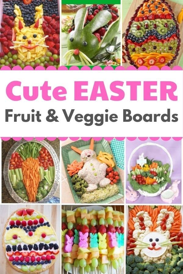 title cute easter fruit and vegetable boards with collage of easter veggie and easter fruit platters and trays