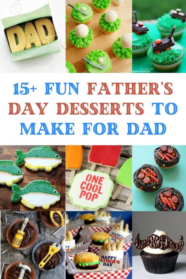 collage of father's day cupcakes and father's day cookies with title