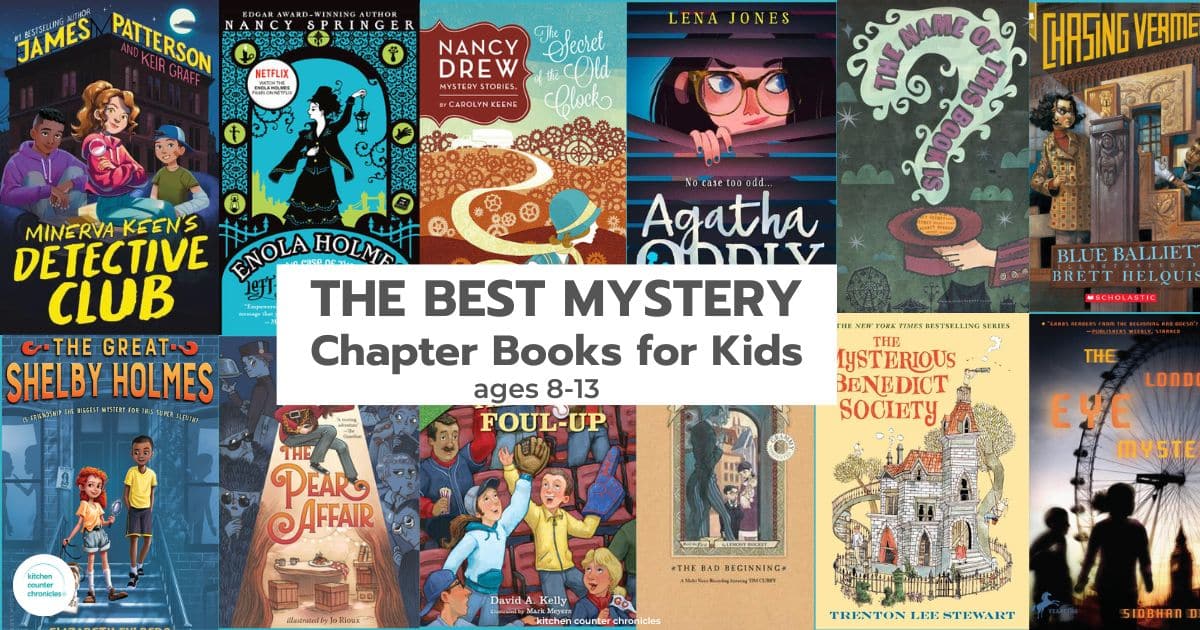 title "best mystery chapter books for kids" with collage of 12 chapter book bookcovers