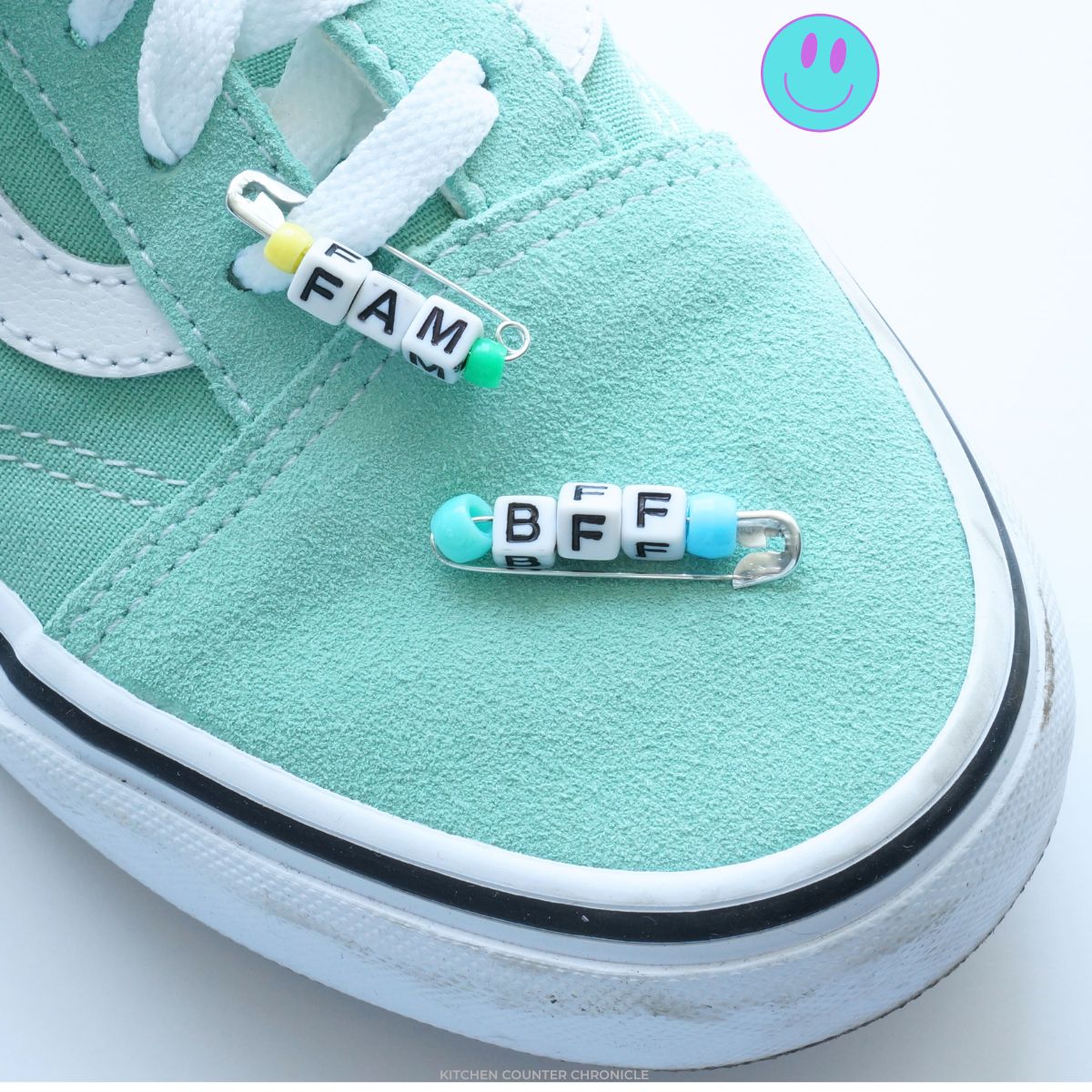 close up image of 80s inspired diy friendship pin on shoe craft