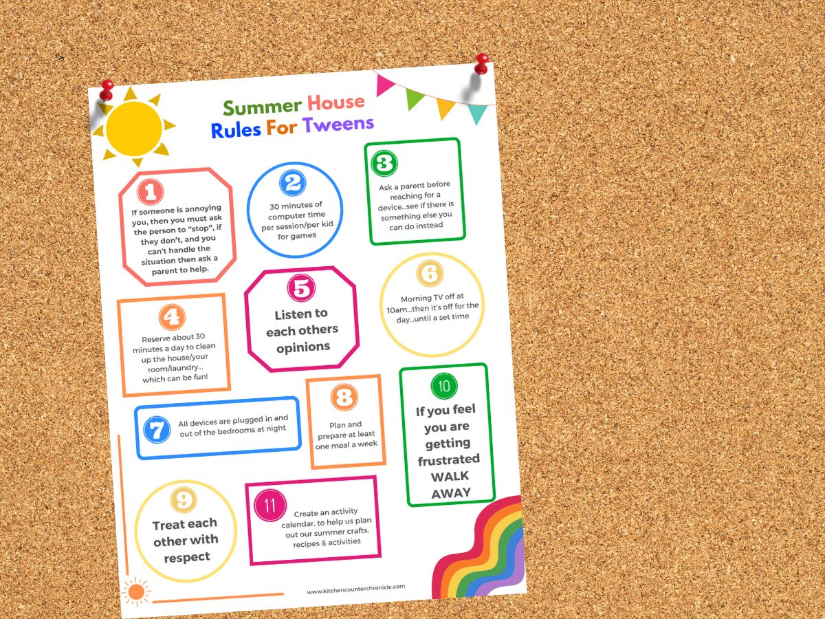 summer house rules for tweens printed and hanging on bulletin board