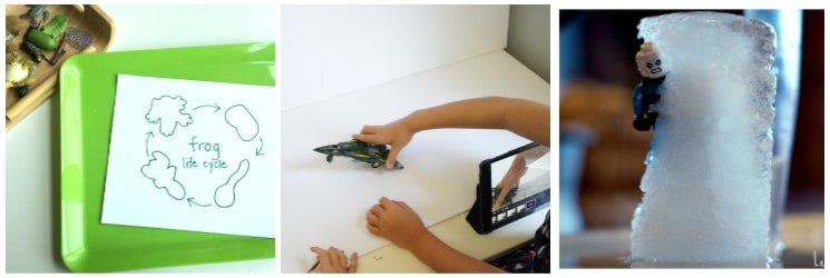 summer stem activities for kids - frog life cycle, melting lego figure and stop motion movie