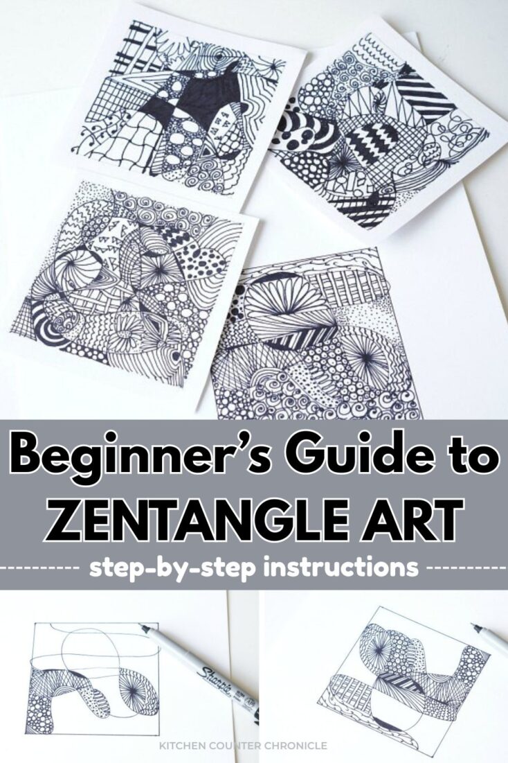 beginner's guide to zentangle art with 4 squares filled with zentangle patterns
