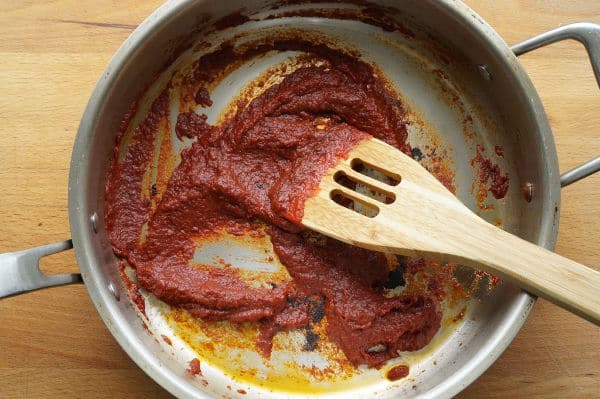 browned tomato paste in skillet
