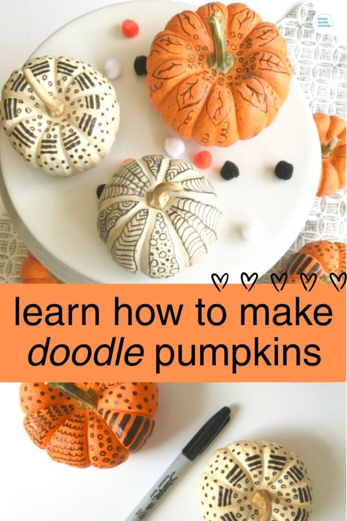 collage of doodle pumpkins with title learn how to make doodle pumpkins