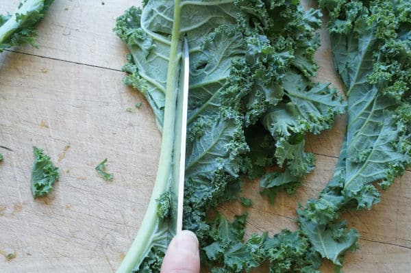 cutting kale off the stems with a knife