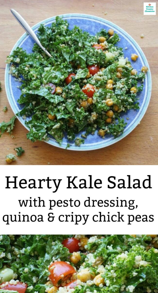 kale salad with pesto dressing quinoa and crispy chick peas