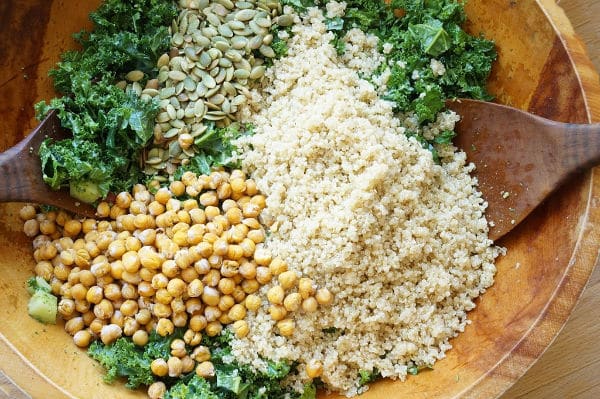 kale salad with pumpkin seeds quinoa and crispy chick peas