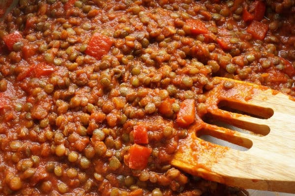 lentil sloppy joe cooked in skillet pan