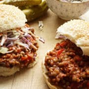 lentil sloppy joe on a bun with slaw