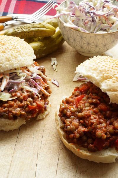 lentil sloppy joe on a bun with slaw