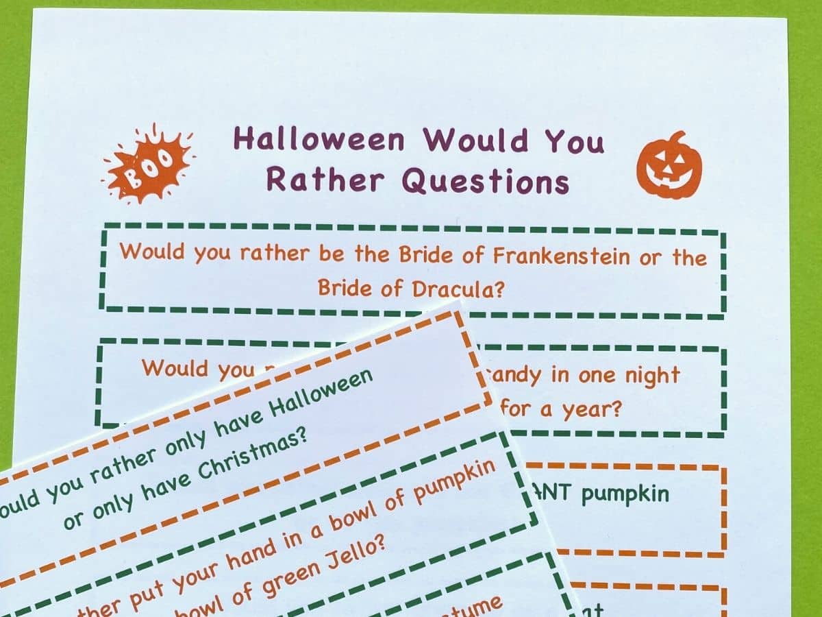 would you rather halloween questions for kids printed on two sheets of paper