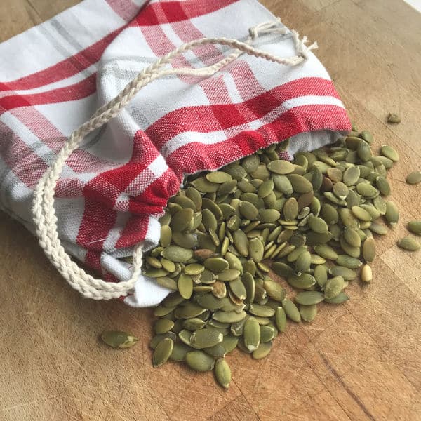 drawstring bag with pumpkin seeds