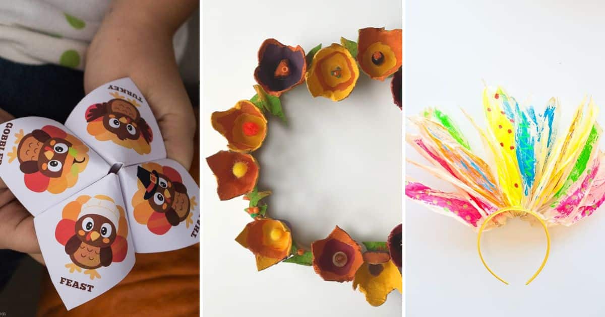 thanksgiving crafts for older kids - corn husk hair band, egg carton flower wreath and thankgiving cootie catcher game