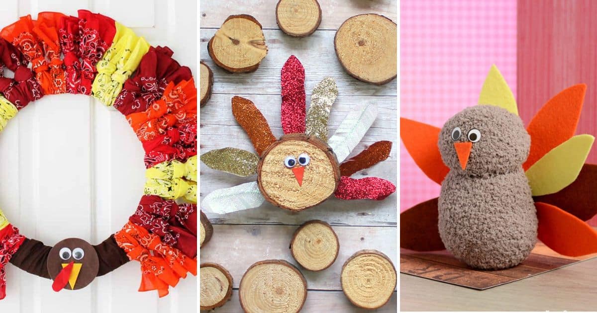 thanksgiving crafts for older kids - no sew turkey wreath, wood slice turkeys, no sew stuffed turkey toy
