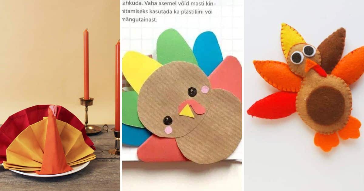 thanksgiving crafts for older kids - turkey napkin fold, turkey corner bookmark and felt turkey