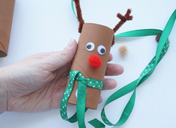 toilet paper rudolph with scarf wrapped on and glued