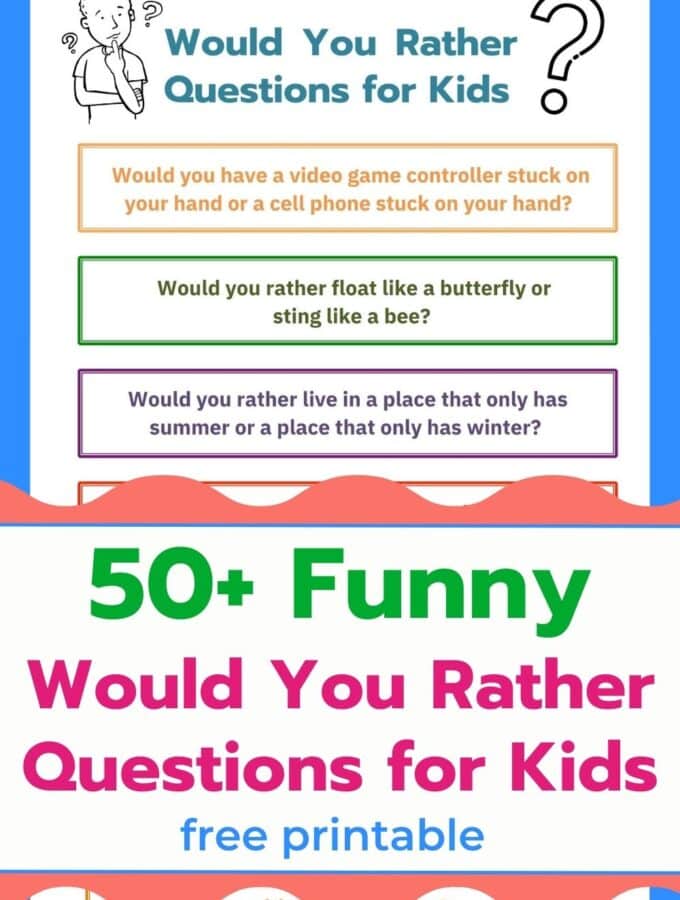 print out of would you rather questions for kids and title of post