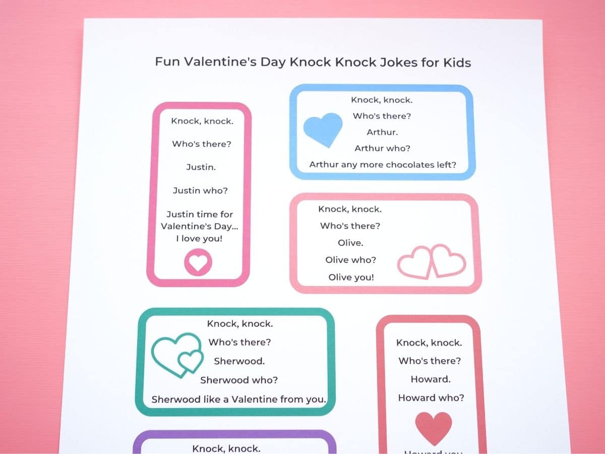 valentine's day knock knock jokes for kids printed on paper
