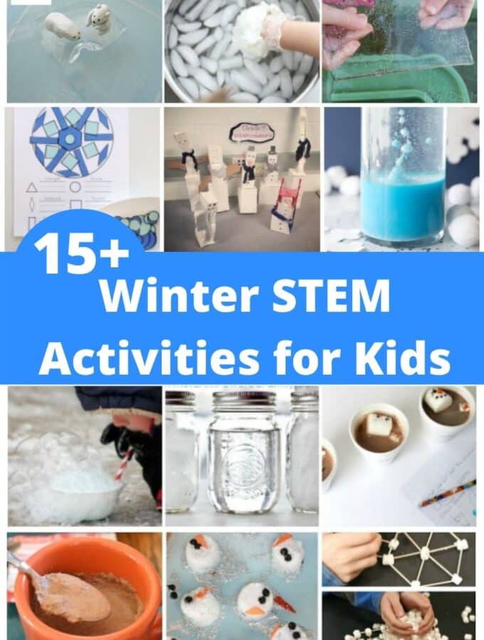 collage of winter stem activities for kids. Snow, Ice and winter science challenges.