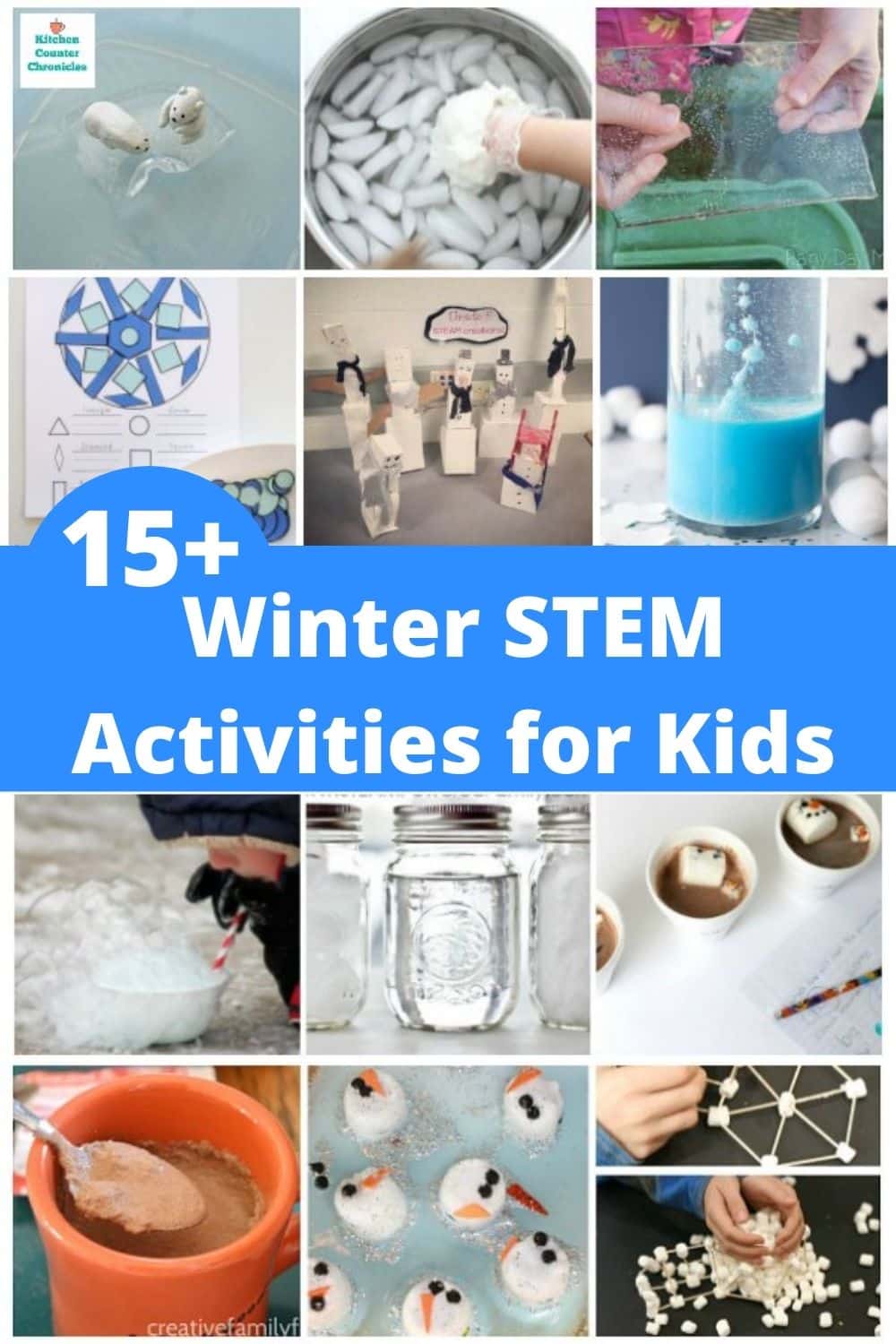 collage of winter stem activities for kids. Snow, Ice and winter science challenges.