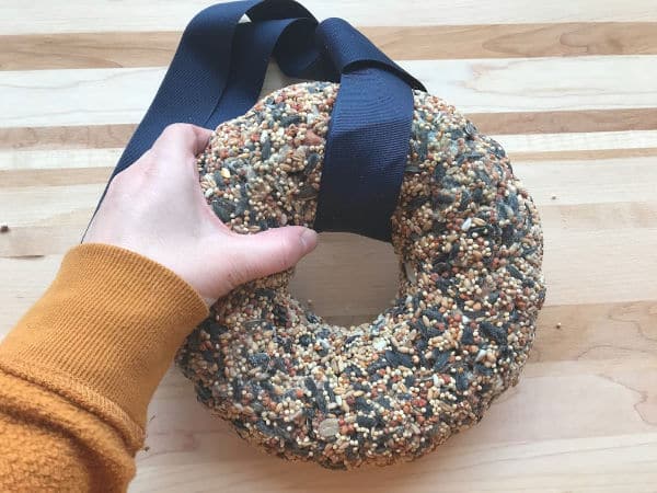 hand holding birdseed bird feeder wreath with ribbon wrapped around it