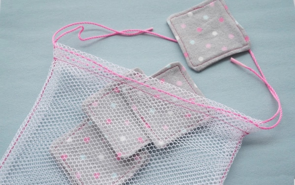 reusable DIY makeup remover pads in mesh laundry bag