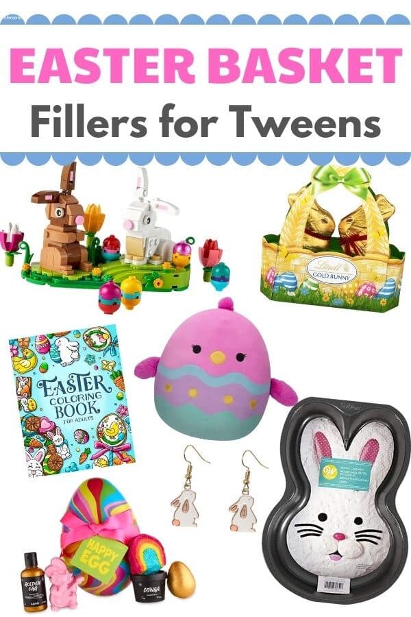 collage of Easter basket filler ideas for tweens and teens with white background