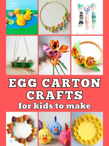 collage of creative egg carton crafts for older kids to make