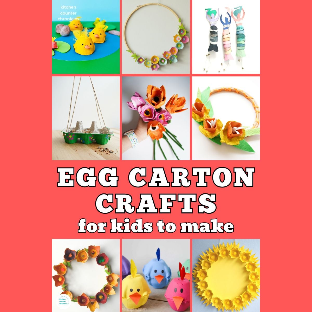 collage of creative egg carton crafts for older kids to make