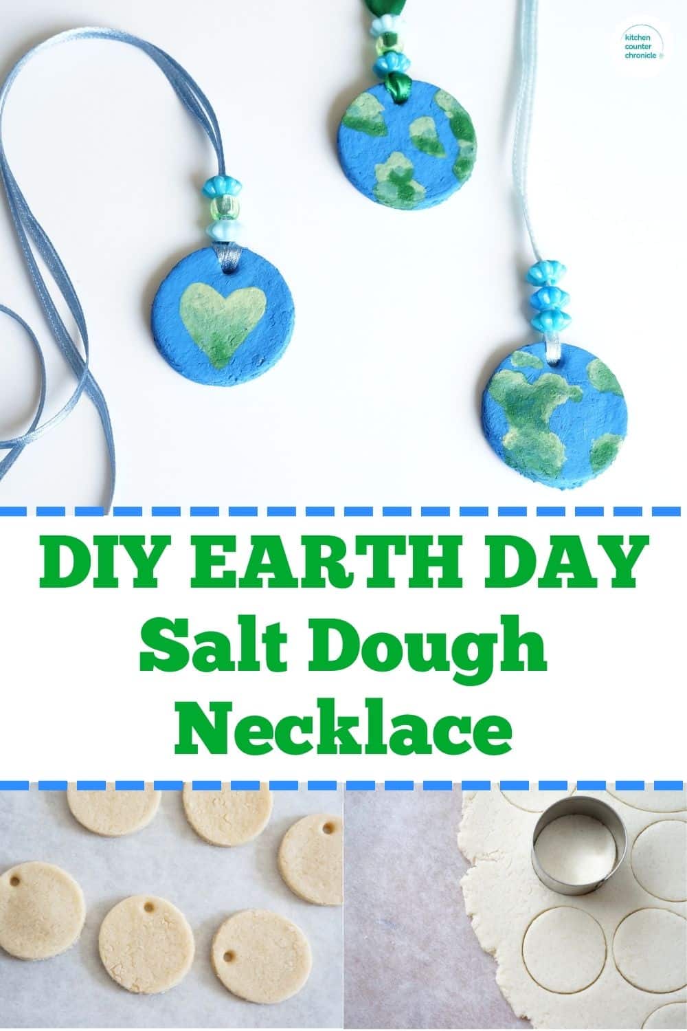 3 Planet Earth salt dough necklaces with title "DIY Earth Day Salt Dough Necklace"