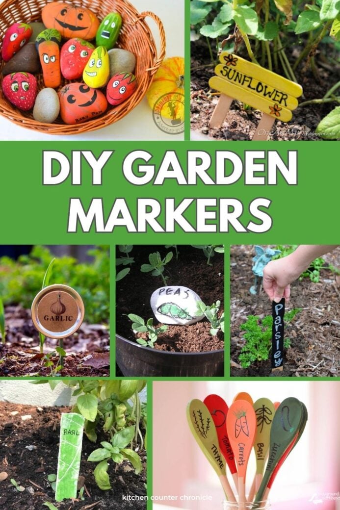collage of diy garden markers made from rocks, wooden spoons, craft sticks and clay