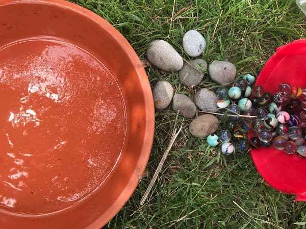 supplies for making a bee bath with marbles