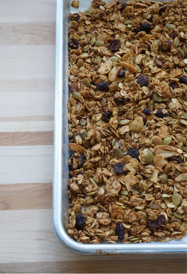 baked pumpkin spice granola on baking sheet