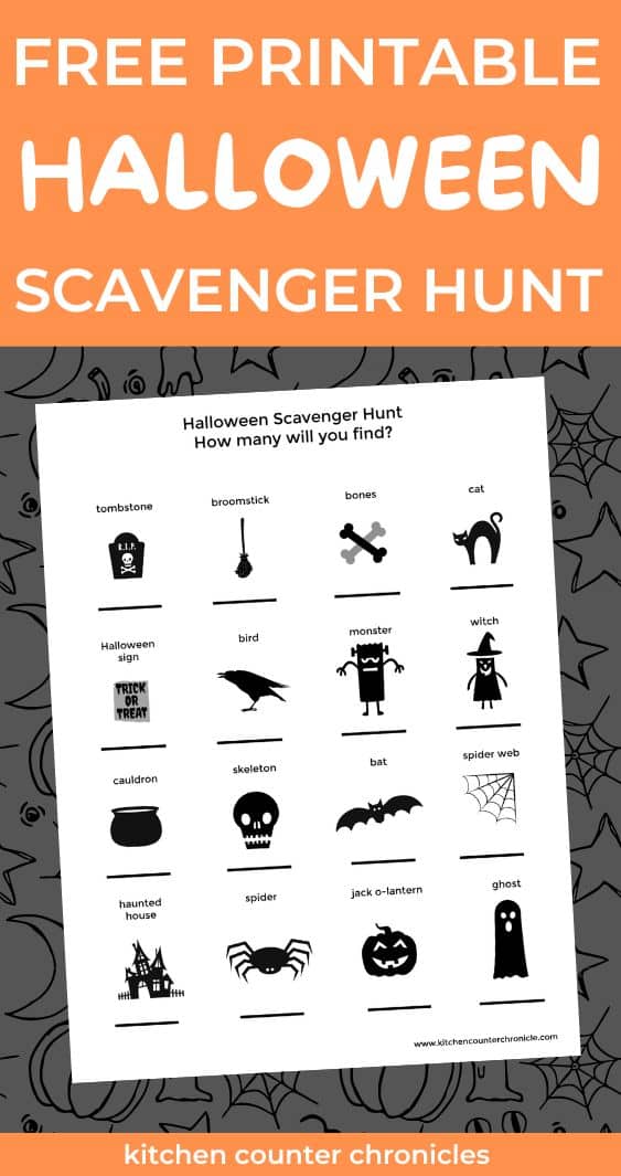 printable halloween scavenger hunt for kids with title and orange background